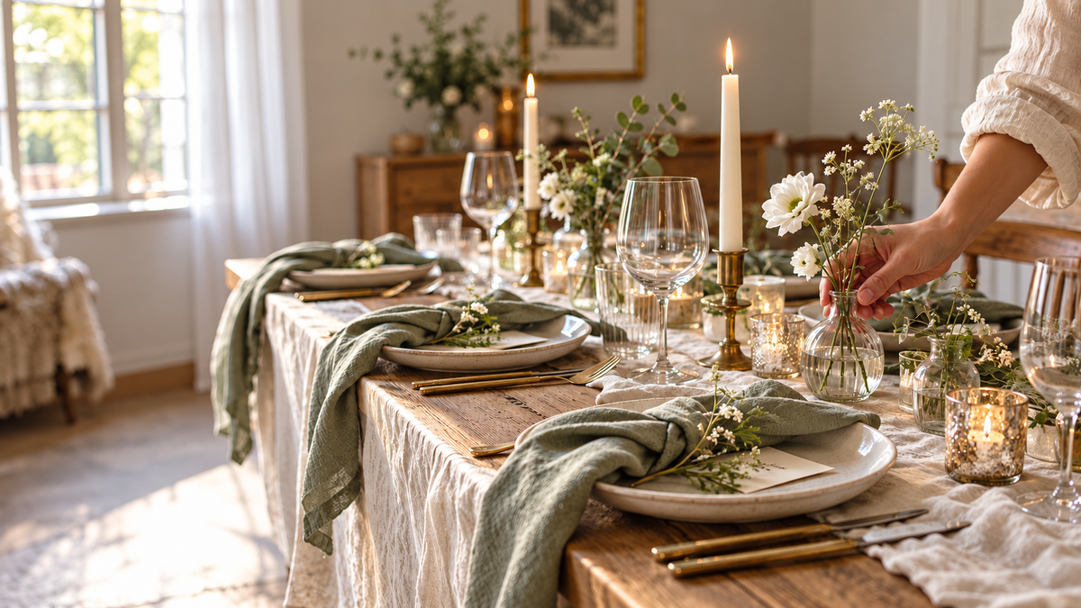 Liebevoll gedeckte Tafel mit salbeigrünen Servietten, weißen Kerzen, Glasvasen und zarten Wiesenblumen, Tischdekoration vom Dekorationsverleih Tischlein schmück Dich in Fulda