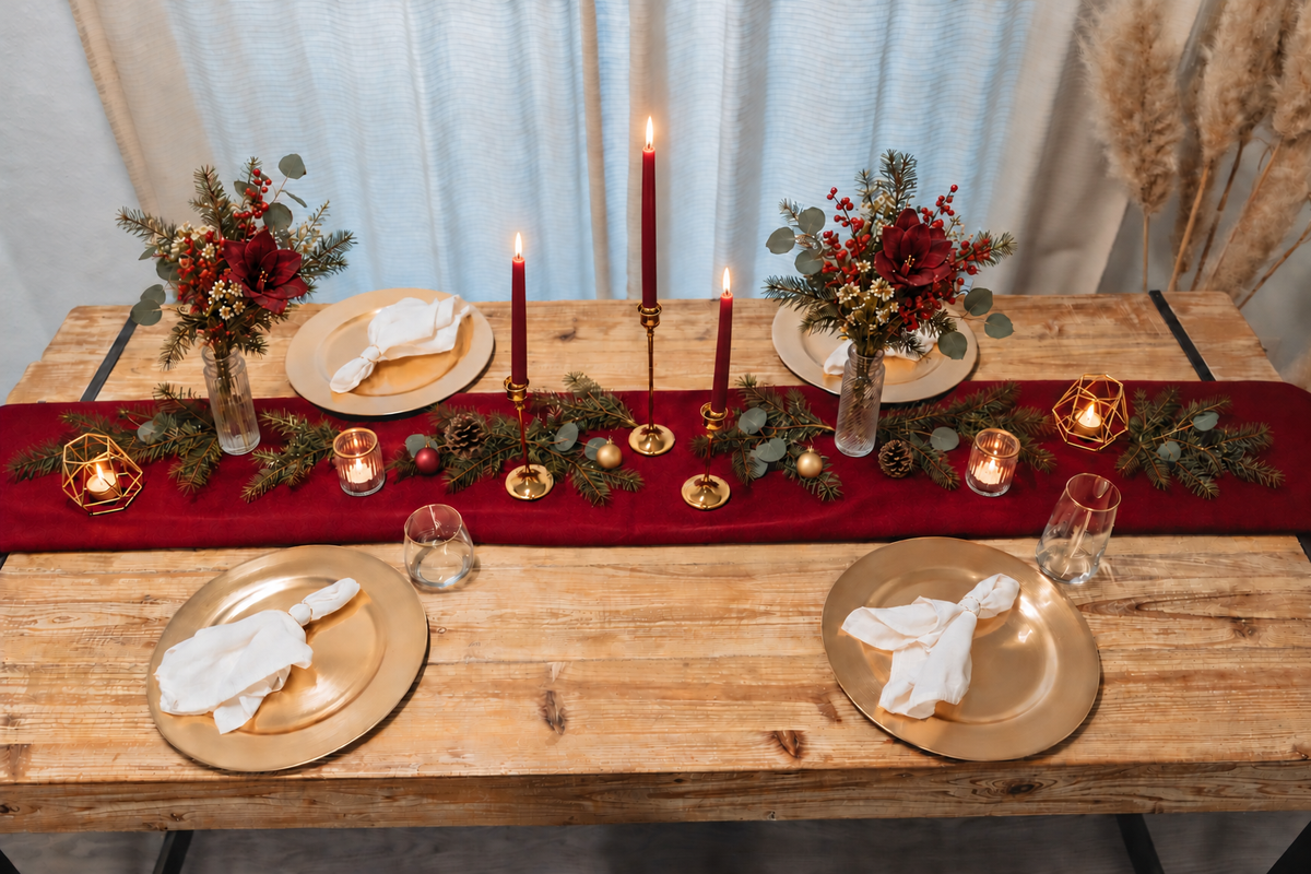 Classic Christmas: Gold und Bordeaux auf dem Weihnachtstisch